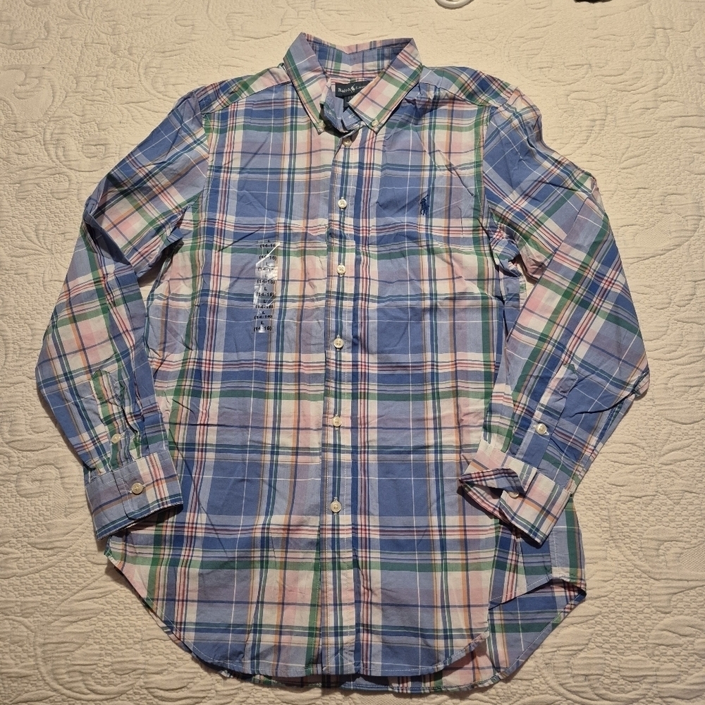 Ralph Lauren boys Large 14/16 plaid blue, white pink button down shirt NWT